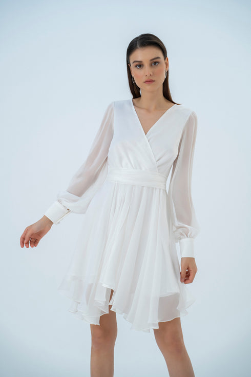 CHIFFON V-NECK LONG SLEEVE MINI DRESS - Barrus London
